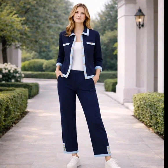 St. John Sport Navy Cotton Jacket & Pants Set Gold Buttons Trim Size M / 10 USA - Picture 12 of 12